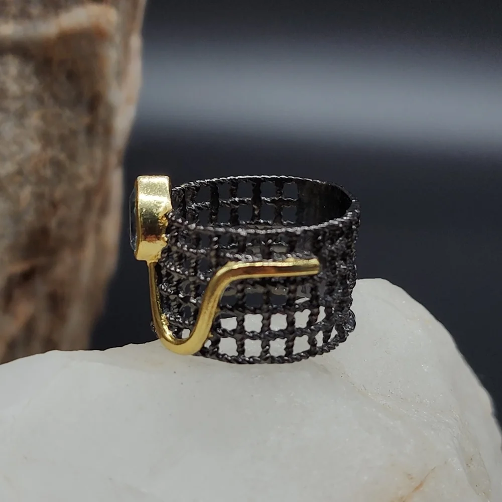Sterling Silver 925 Black Rhodium 14k Gold Ring Genuine Blue Topaz